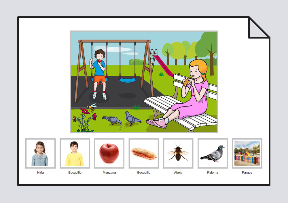 Material para trabajar el vocabulario básico en torno a la lámina "La niña come un bocadillo y el niño come una manzana".