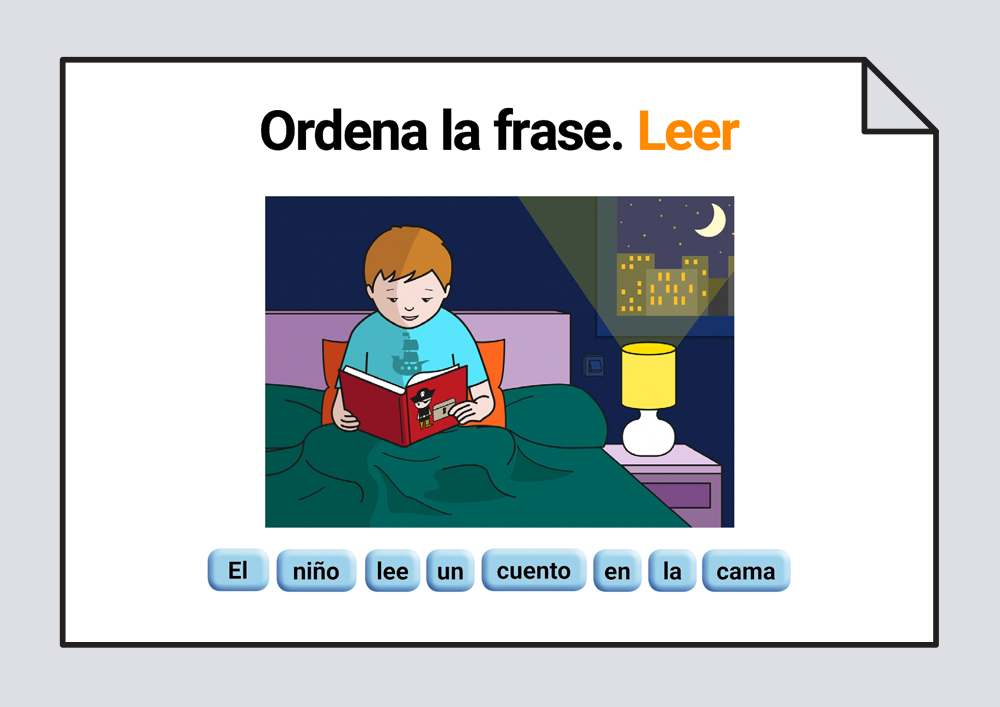 Material interactivo para trabajar la ordenación correcta de las palabras escritas que componen una frase, representada por una lámina. Verbo Jugar.