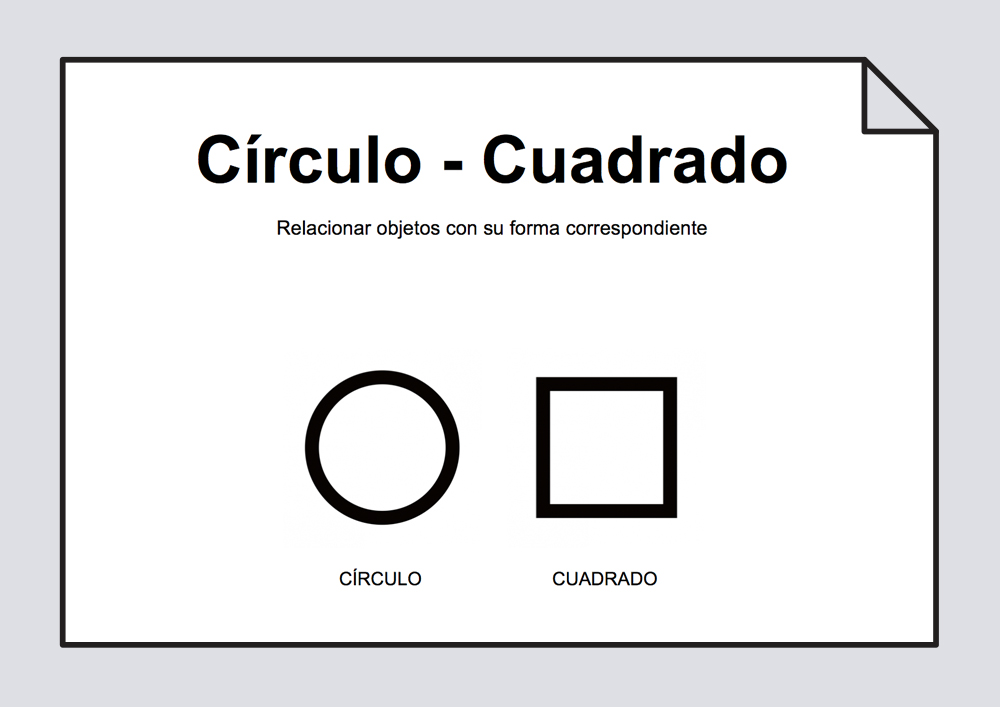 Material para relacionar objetos cotidianos con formas geométricas básicas (círculo y cuadrado).