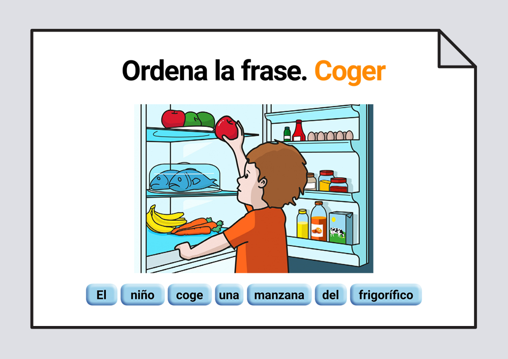 Material interactivo para trabajar la ordenación correcta de las palabras escritas que componen una frase, representada por una lámina. Verbo Coger