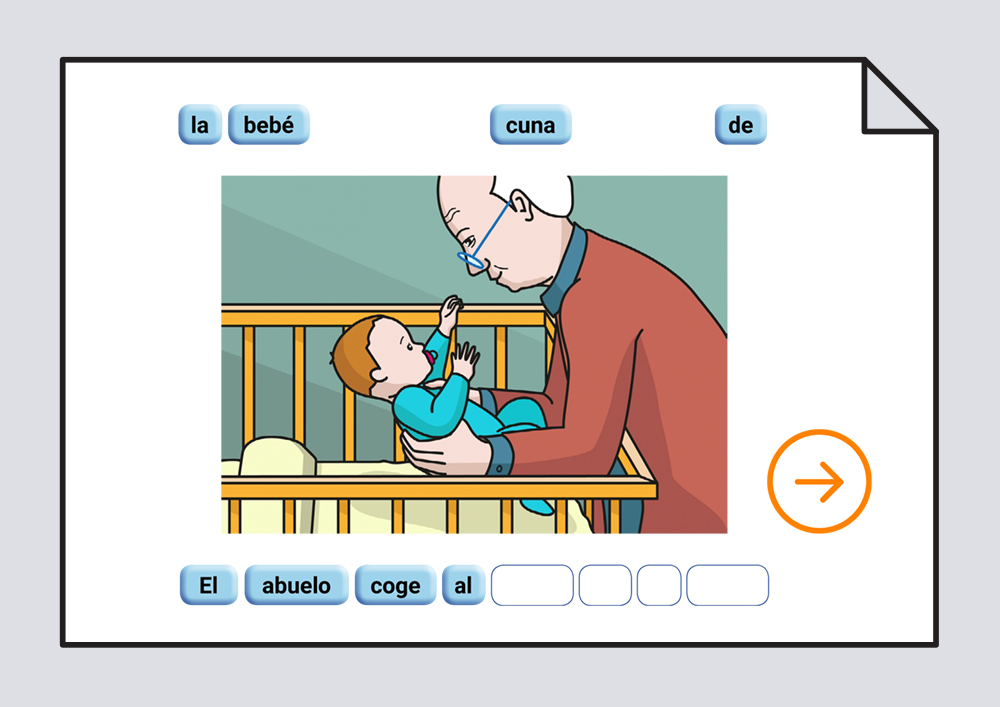 Material interactivo para trabajar la ordenación correcta de las palabras escritas que componen una frase, representada por una lámina. Verbo Coger