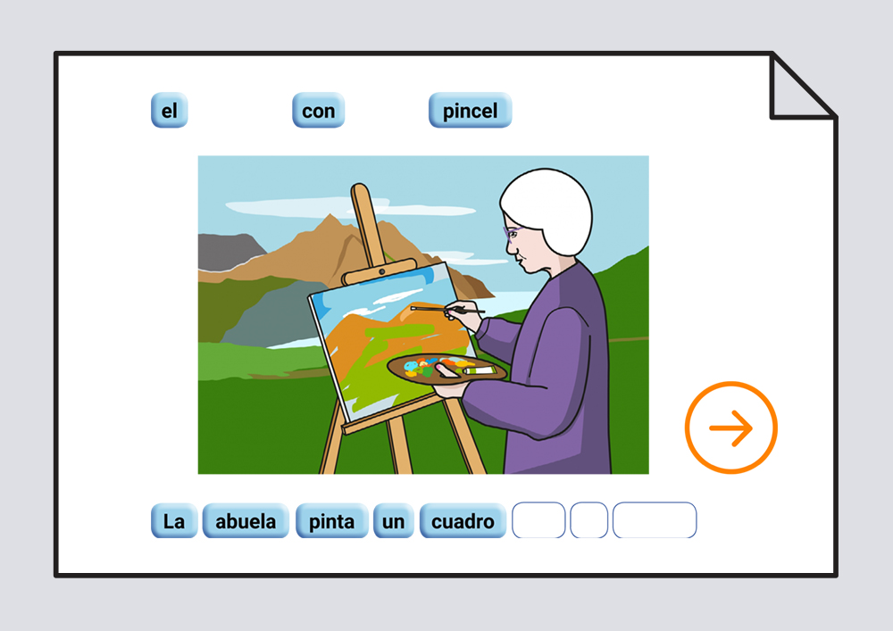 Material interactivo para trabajar la ordenación correcta de las palabras escritas que componen una frase, representada por una lámina. Verbos Dibujar y Pintar