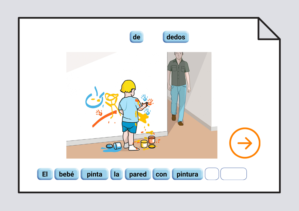 Material interactivo para trabajar la ordenación correcta de las palabras escritas que componen una frase, representada por una lámina. Verbos Dibujar y Pintar