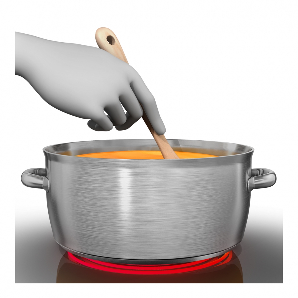 Imagen en la que se ve una mano dándole vueltas a una cuchara dentro de una olla cocinando