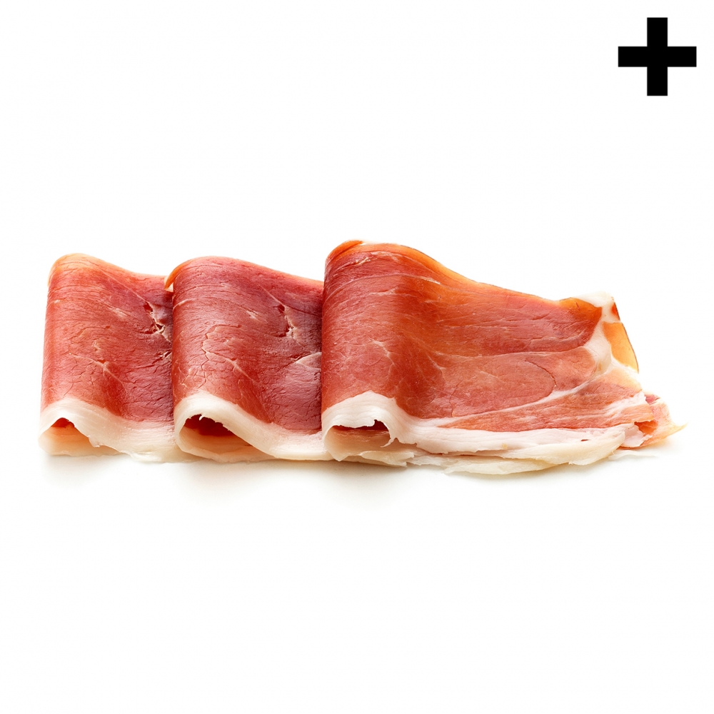 Imagen en la que se ven unas lonchas de jamón dobladas por la mitad y dispuestas de modo consecutivo
