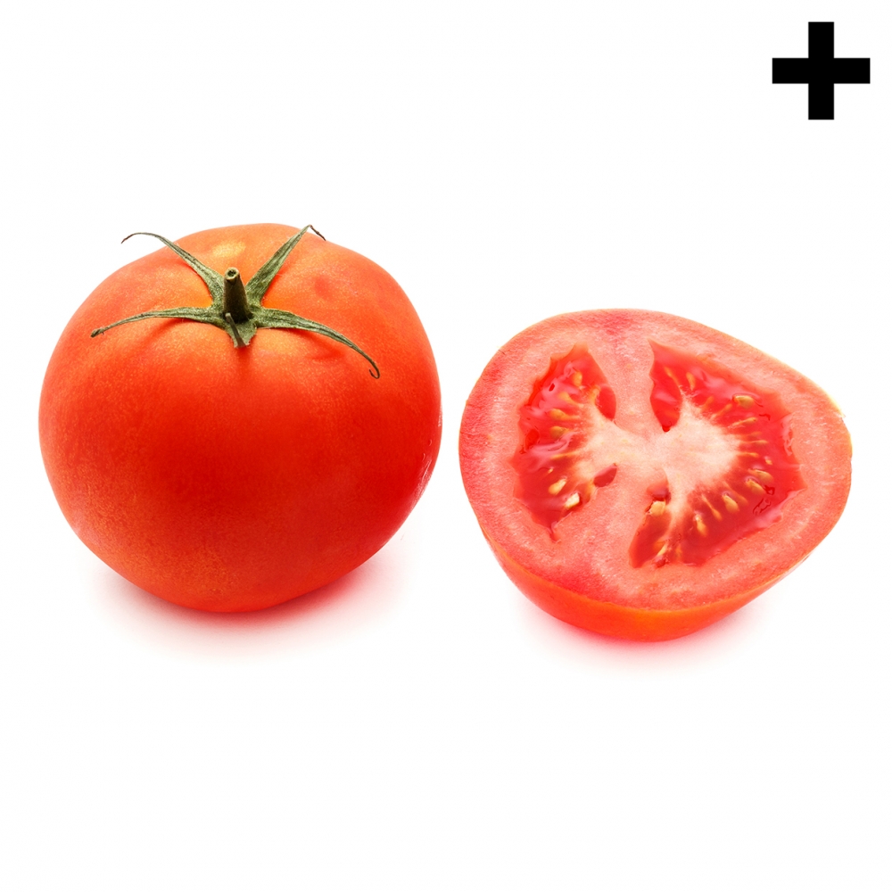 Imagen en la que se ve un tomate entero y a su derecha medio