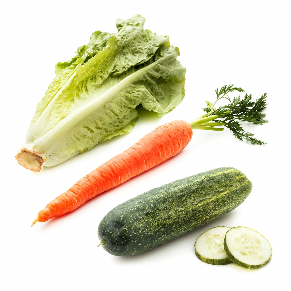 Imagen en la que se ven tres hortalizas: una lechuga, una zanahoria y un pepino