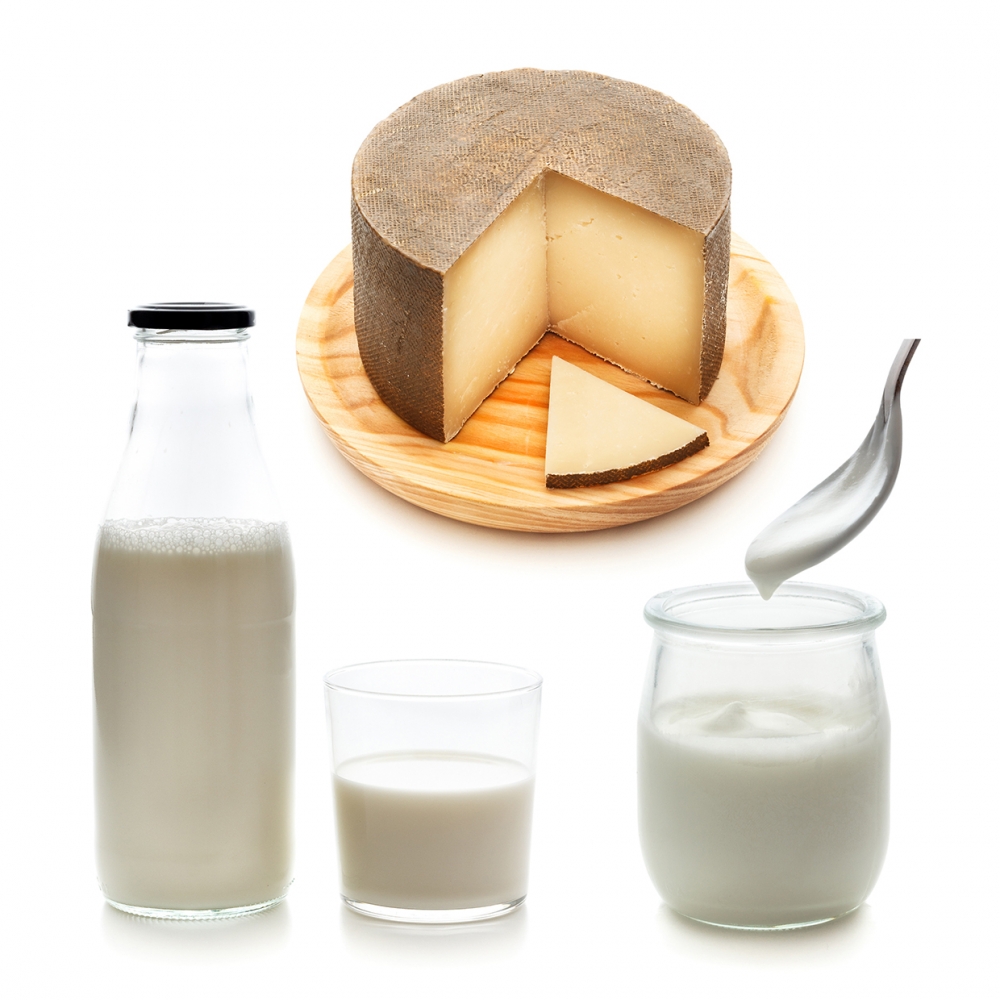 Imagen en la que se ven tres productos lácteos: leche, yogur y queso