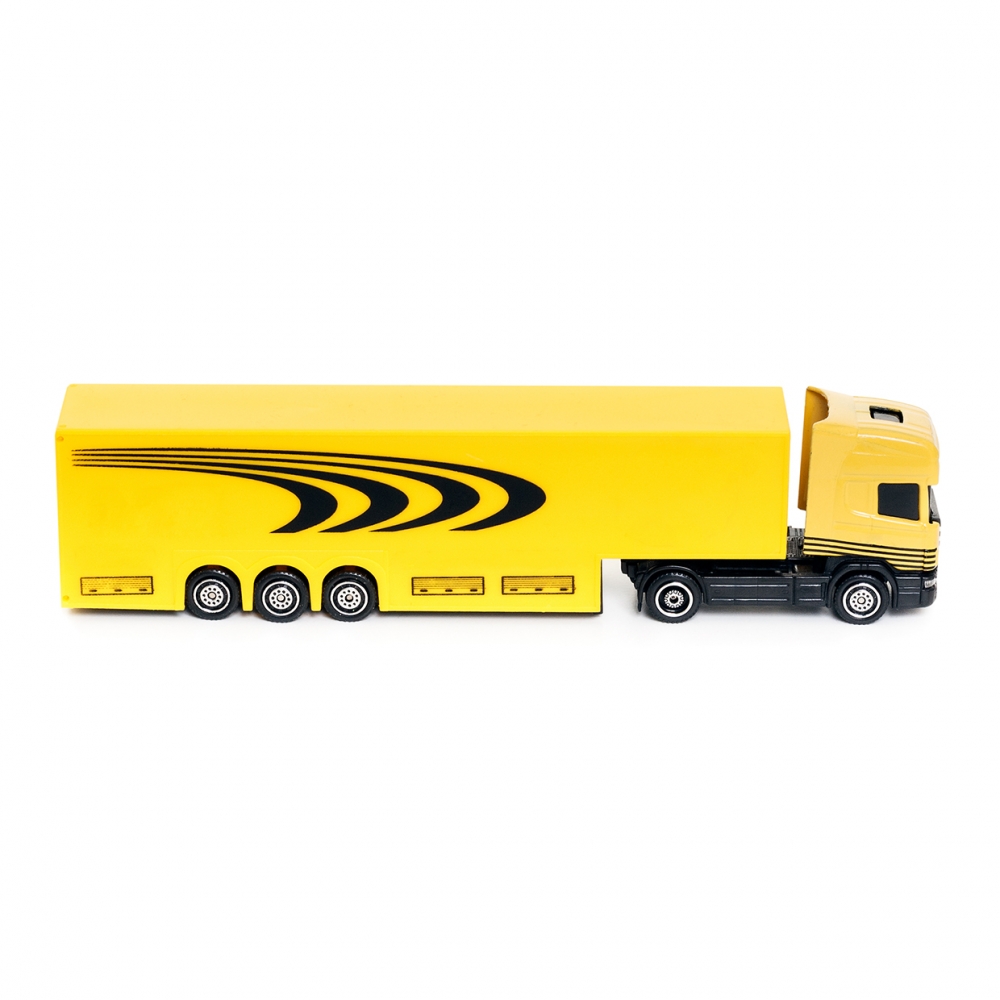 Imagen en la que se un camión amarillo con remolque en perspectiva lateral