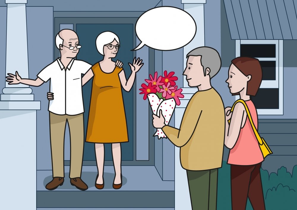 Los abuelos invitan al papá y a la mamá a conocer su casa