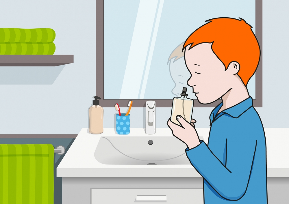 En la escena, se observa un niño oliendo un frasco de colonia en el cuarto de baño.