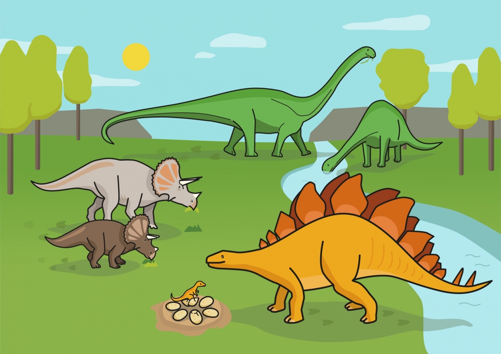 Ilustración en la que aparecen diferentes dinosaurios herbívoros