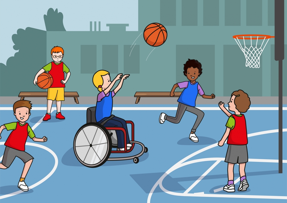 Los niños juegan al baloncesto en el patio del colegio