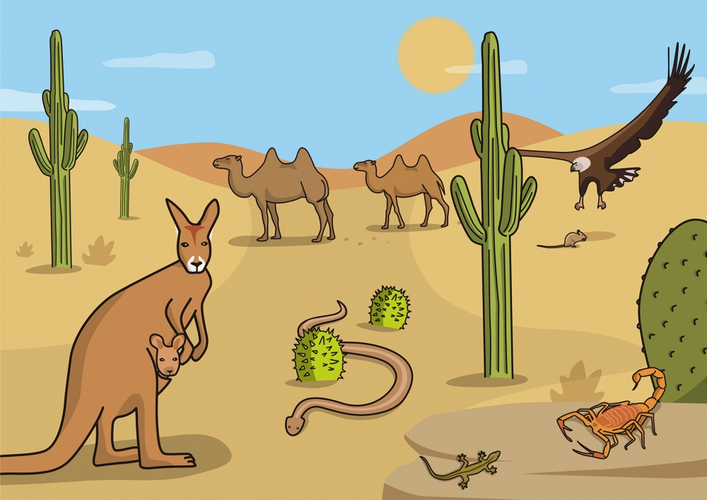 Escena en la que se ven varios animales salvajes en el desierto