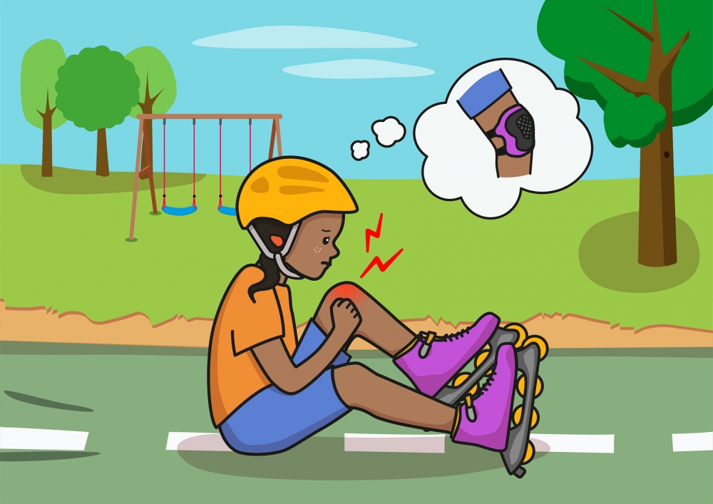 Imagen en la que se ve a una niña con dolor en la rodilla después de haberse caído con los patines