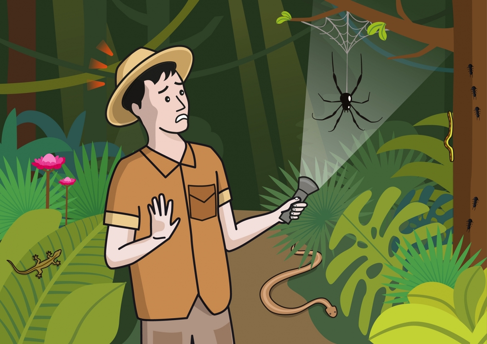 Escena en la que se ve a un explorador que se ha dado un susto con una araña