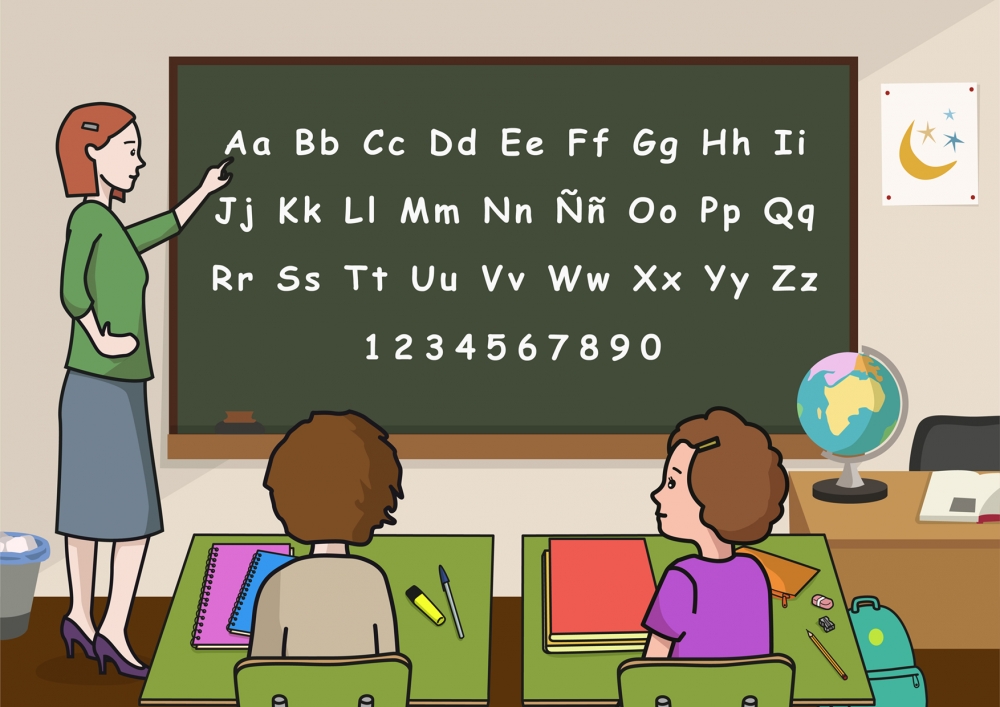 Imagen en la que una profesora está enseñando el abecedario en clase