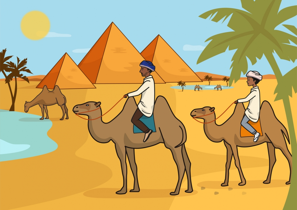Un padre y un niño se pasean en camello frente a las pirámides de Egipto