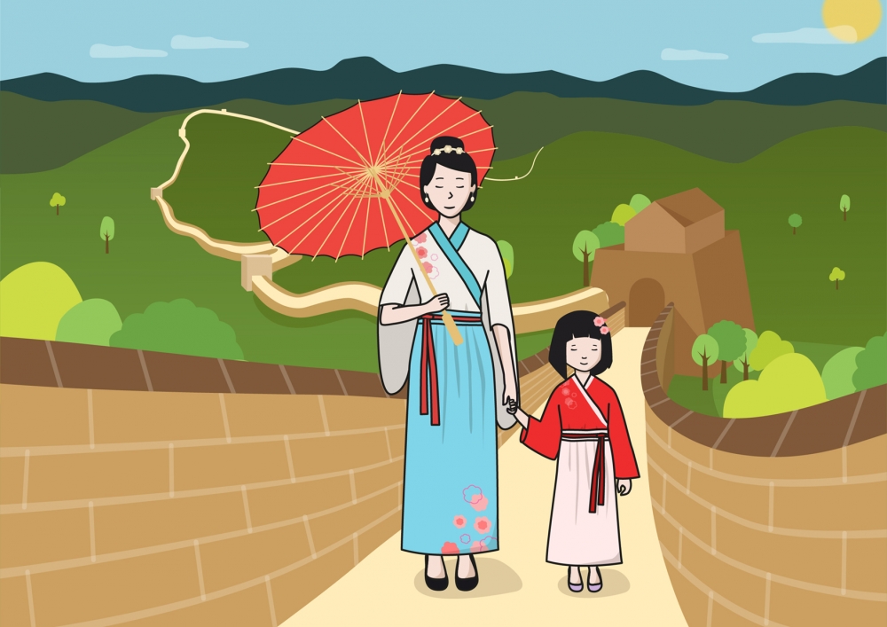 Una madre y su hija posan en la Gran Muralla China