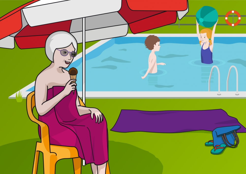 En la lámina, se observa a una persona mayor, sentada en una silla de la piscina, comiendo un helado de chocolate. Al fondo, un niño y una niña juegan a la pelota dentro de la piscina.