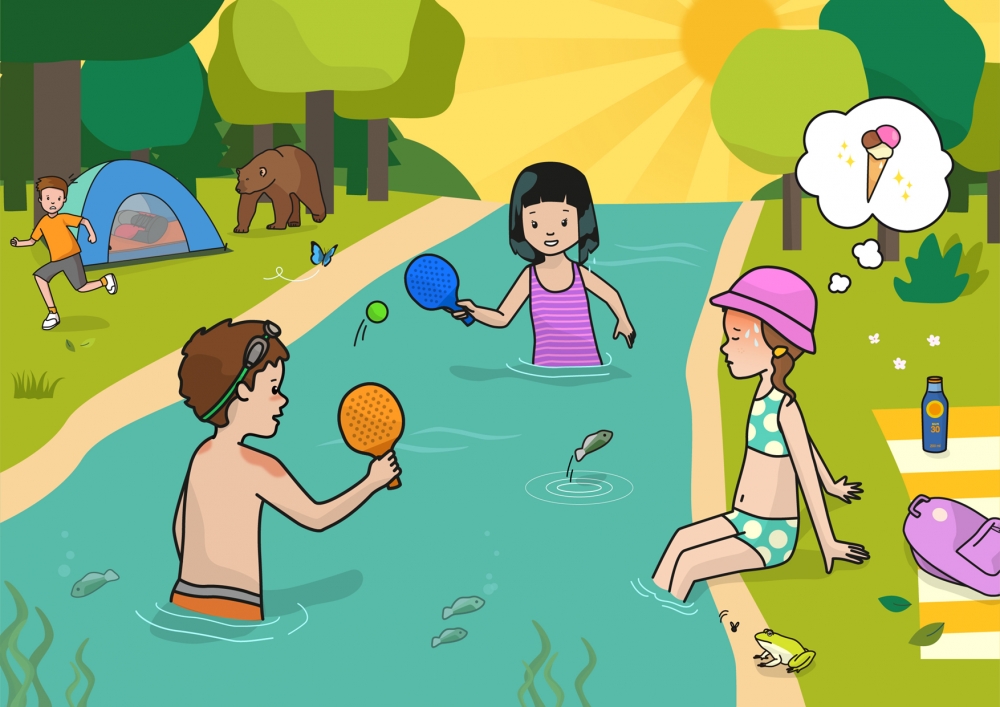 Unos niños juegan al tenis en el río en una tarde de verano