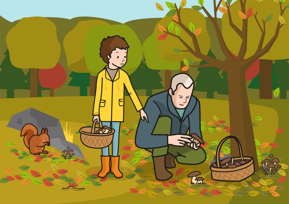 El abuelo y el niño recogen setas en el bosque en otoño
