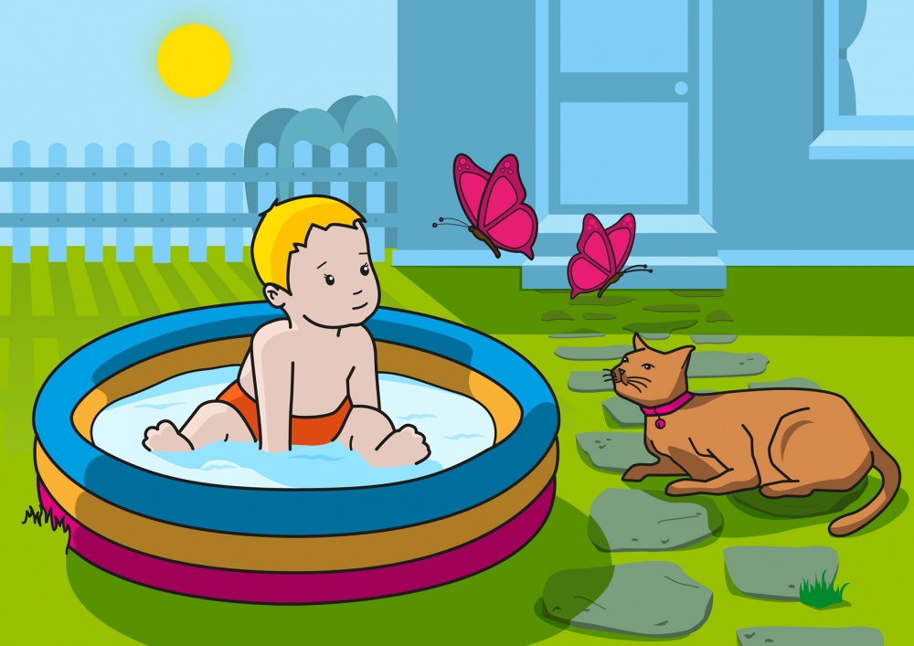 En la escena, se puede observar a un bebé y a un gato mirando las mariposas que vuelan alrededor de ellos en el jardín. 