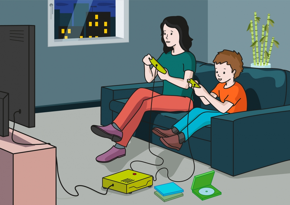 En la escena, se observa a un niño y a su madre, sentados en el sofá frente a la televisión, jugando a la videoconsola.