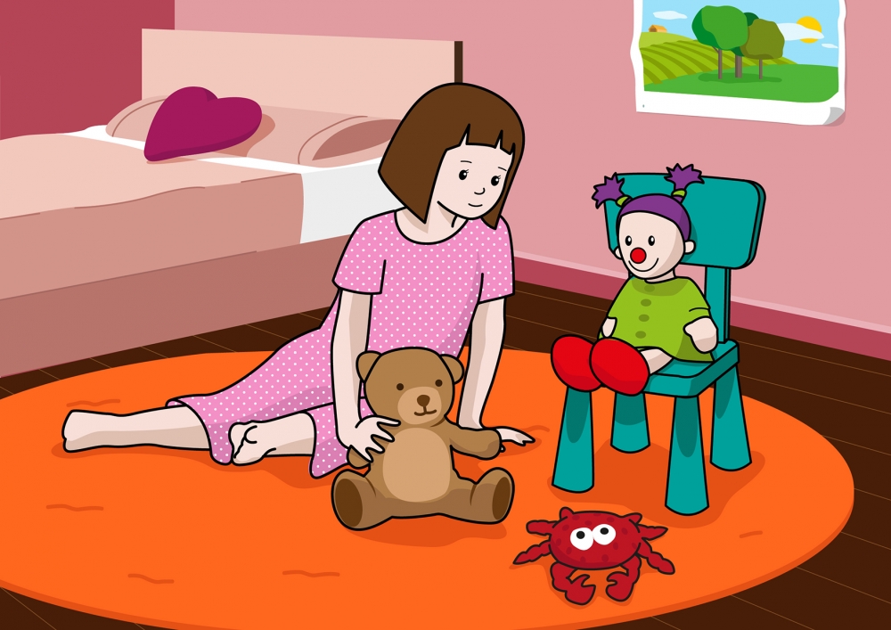 En la escena, se observa a una niña jugando con los muñecos en la alfombra de su cuarto.