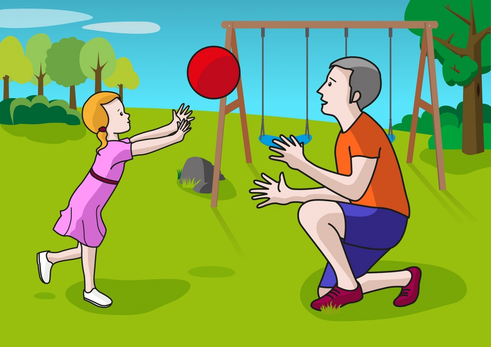 En la escena, se observa a una niña y a su padre jugando a la pelota en el parque.