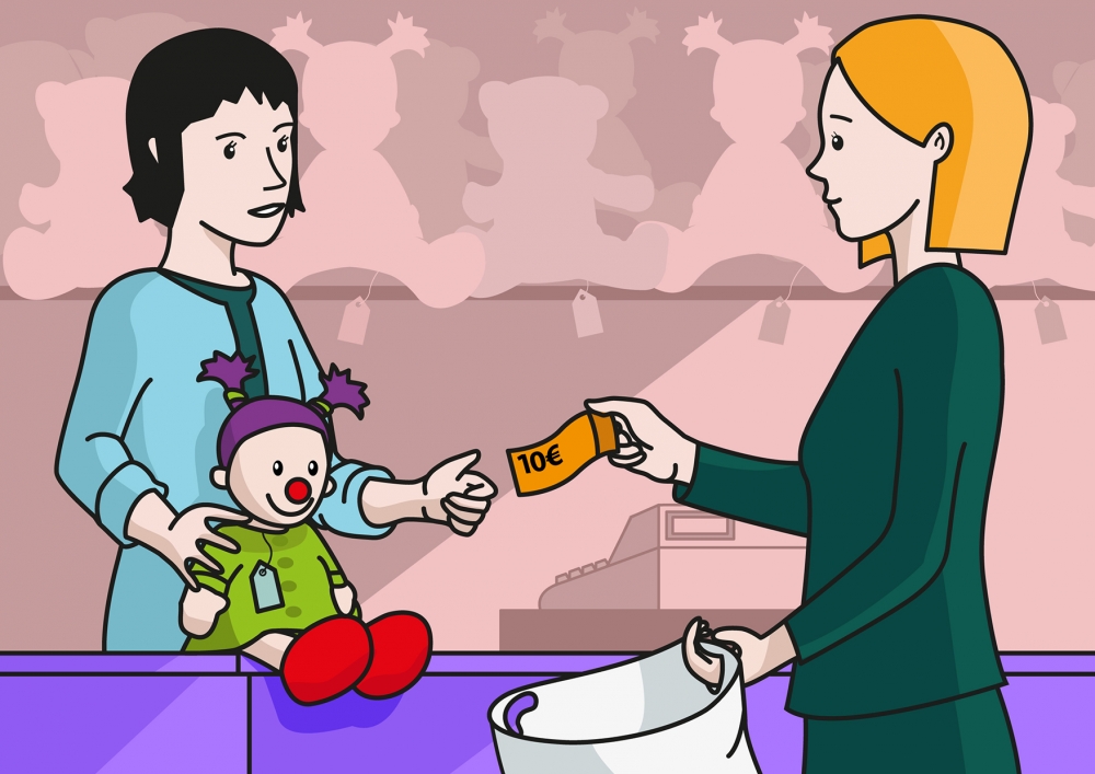 En la escena, se observa a una mamá comprando una muñeca en la juguetería. La dependienta le entrega la muñeca y estira para recibir el dinero.