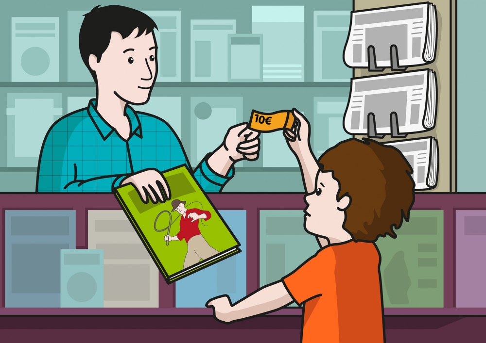 En la escena, se observa a un niño comprando un cómic en un quiosco. El quiosquero estira la mano para entregar el cómic y recoger el dinero.