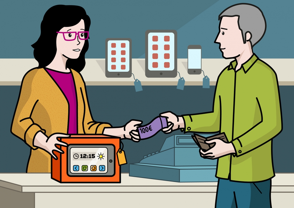 En la imagen, se observa al padre comprando una tableta en una tienda de electrónica. La dependienta le entrega la tableta y estira la mano para recoger el dinero.