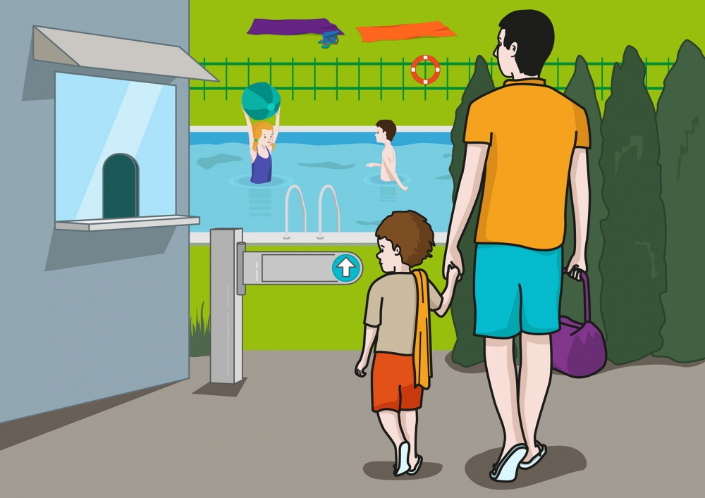 En la escena, se observa a un niño, cogido de la mano con su padre, dirigiéndose a la piscina.