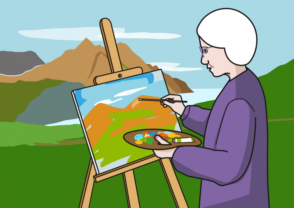 La abuela pinta un cuadro con el pincel
