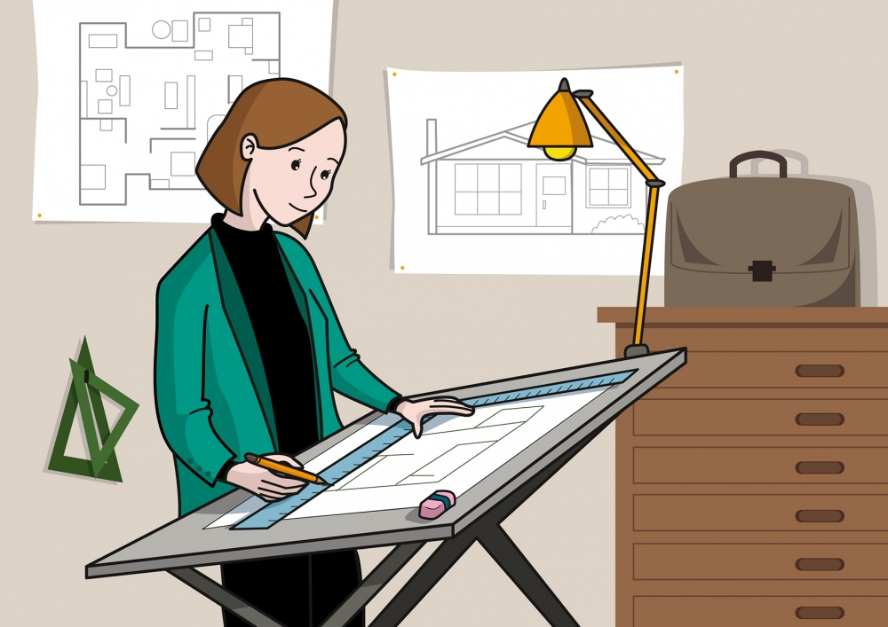 La mamá dibuja una casa en el despacho