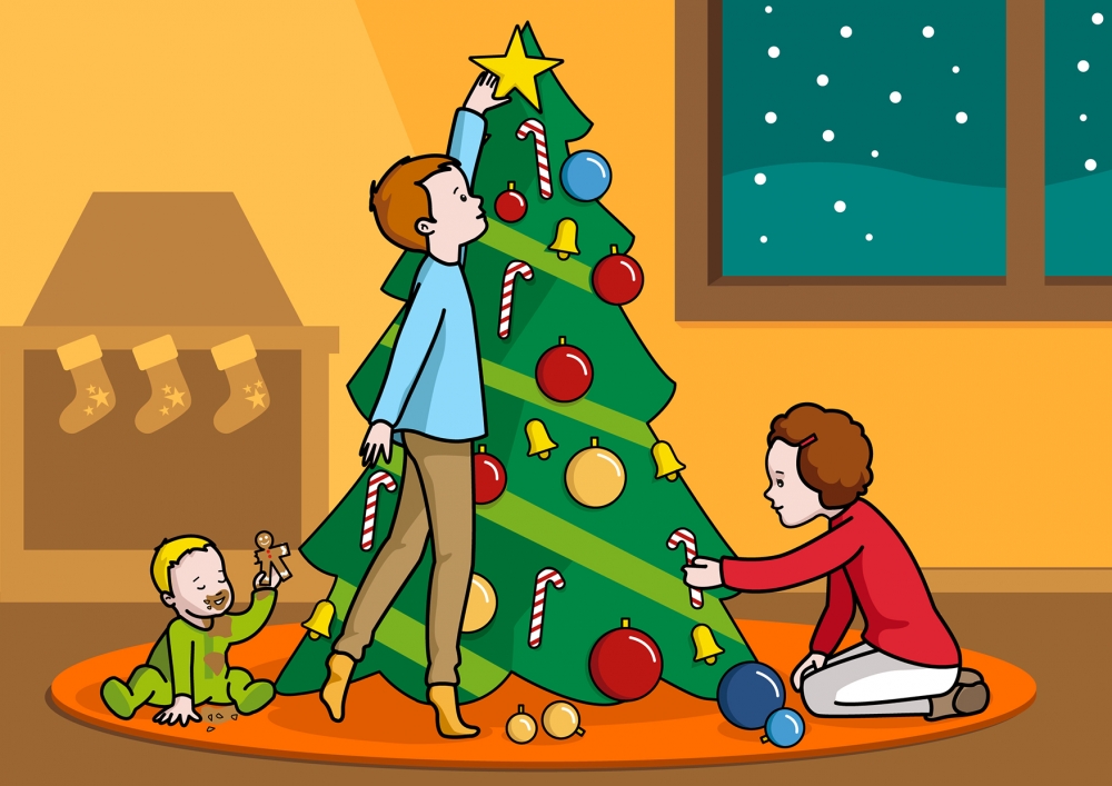 Escena en la que se ve a unos niños adornando el árbol de Navidad