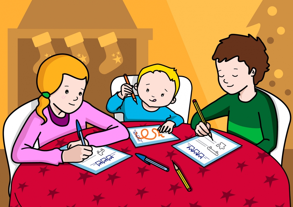 Escena en la que se ve a unos niños escribiendo una carta de regalos