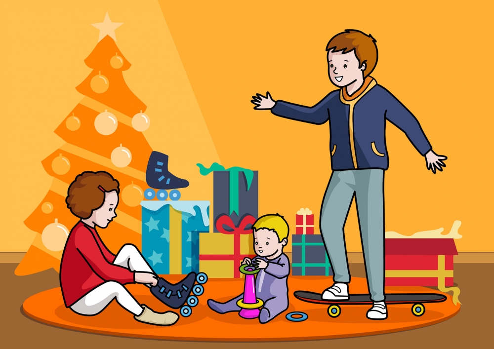 Escena en la que se ve a unos niños jugando con los regalos de Navidad
