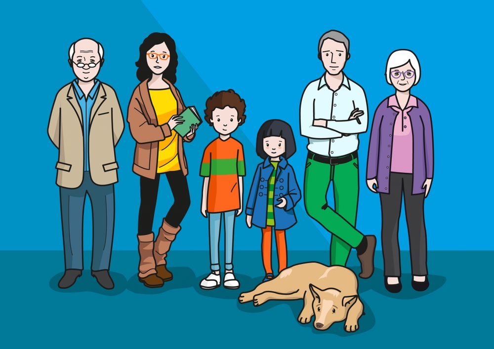 En la imagen, se observa a una familia compuesta por el padre, la madre, una niña, un niños y los abuelos. En primer plano, se observa tumbado a un perro, que es una de las mascotas de la familia.