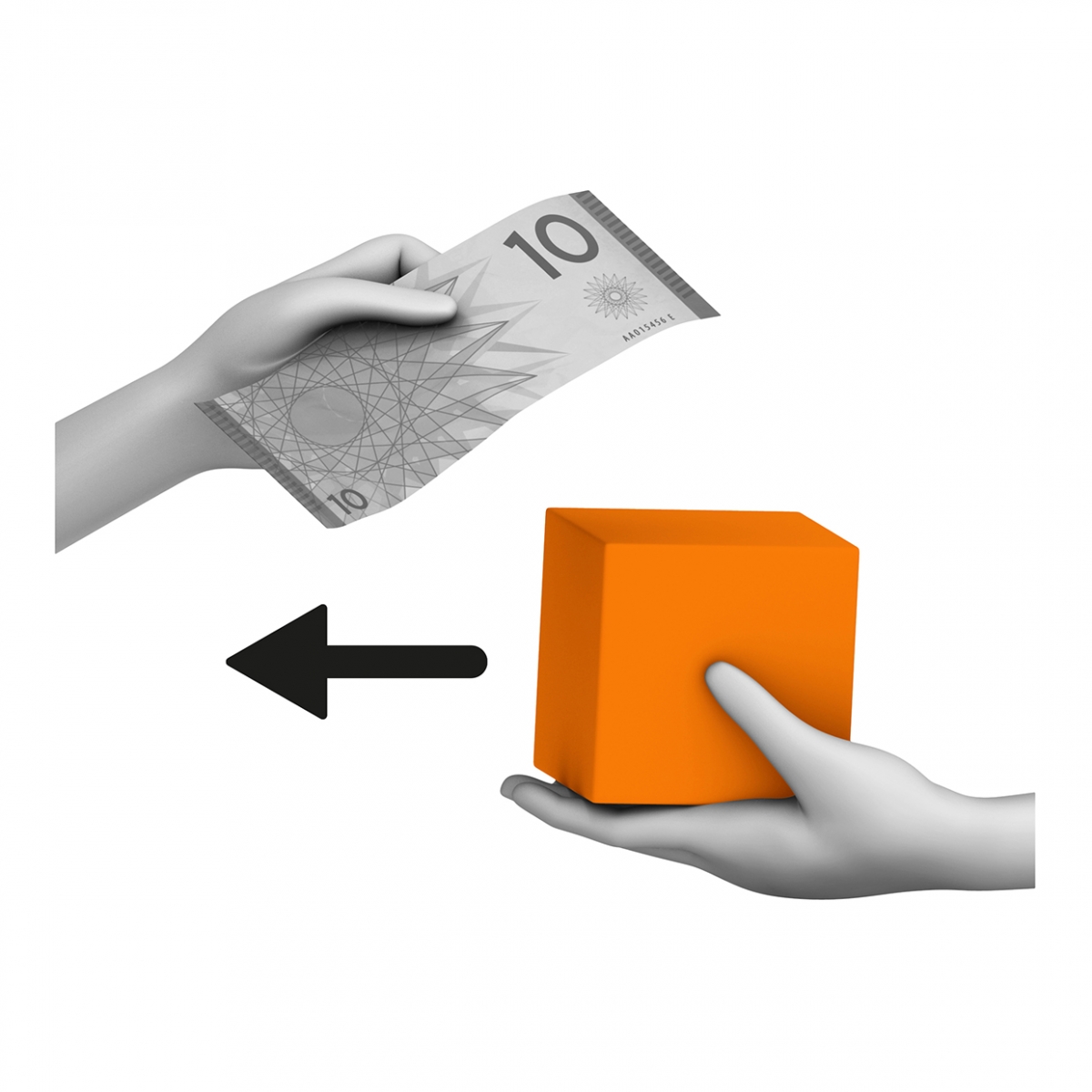 Imagen en la que se ve una mano dando un paquete naranja a otra que le está dando un billete
