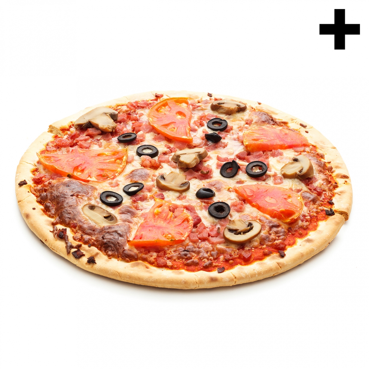 Imagen en la que se ve una pizza de olivas, champiñones y tomate ya cocinada