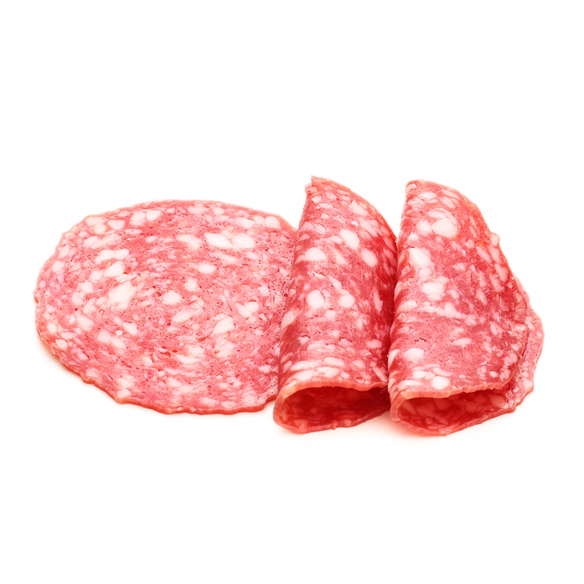 Imagen en la que se ven tres rodajas de salchicón, dos de ellas dobladas sobre si mismas