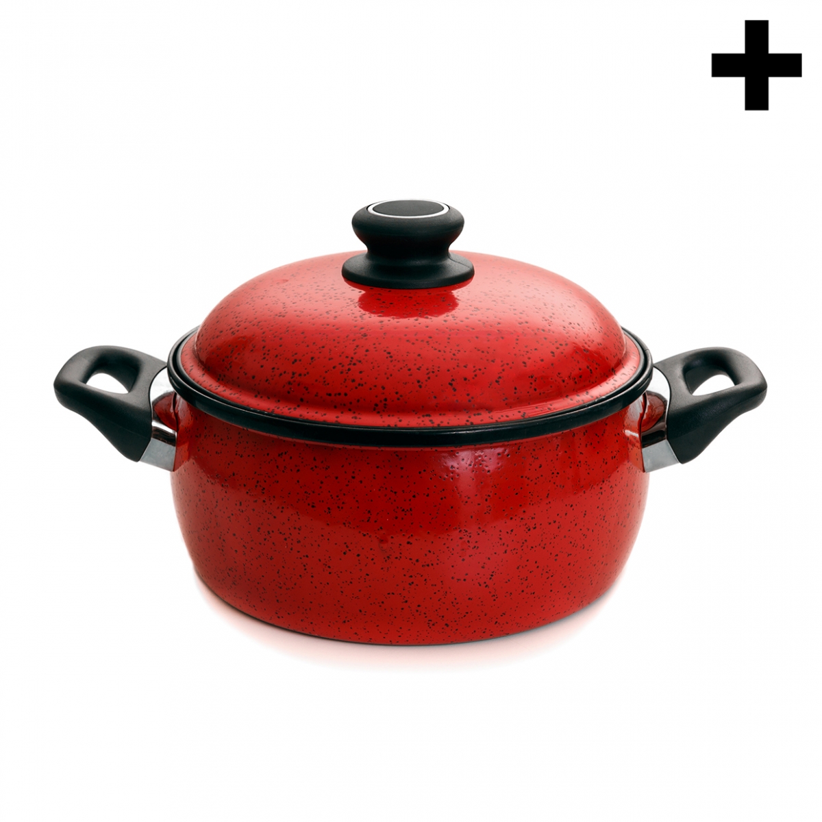 Imagen en la que se ve una olla roja con las asas negras y tapa sobre ella