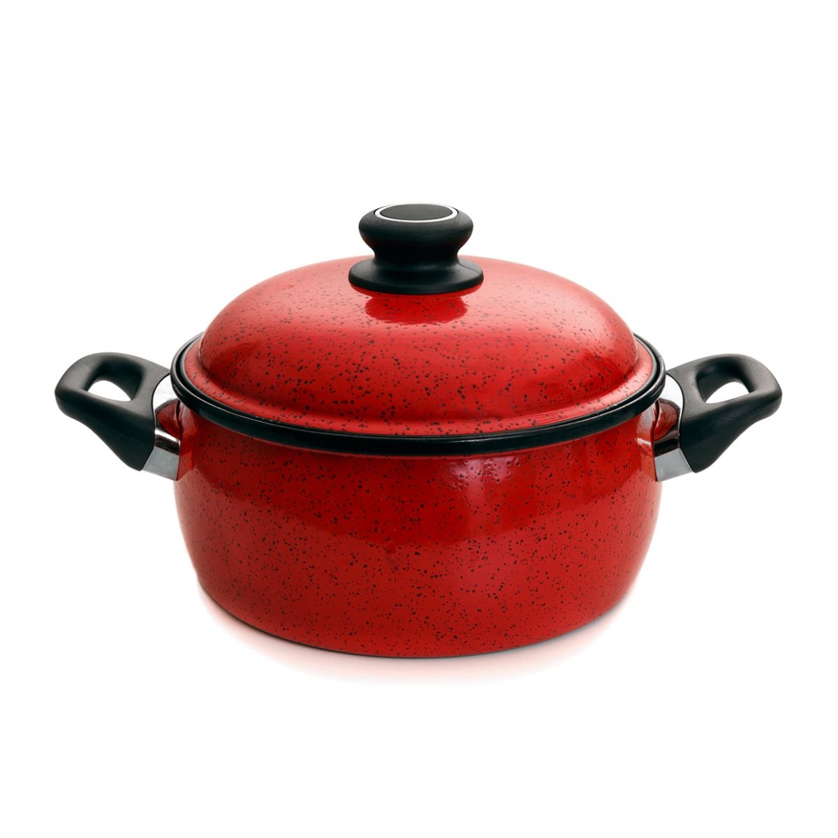 Imagen en la que se ve una olla roja con las asas negras y tapa sobre ella