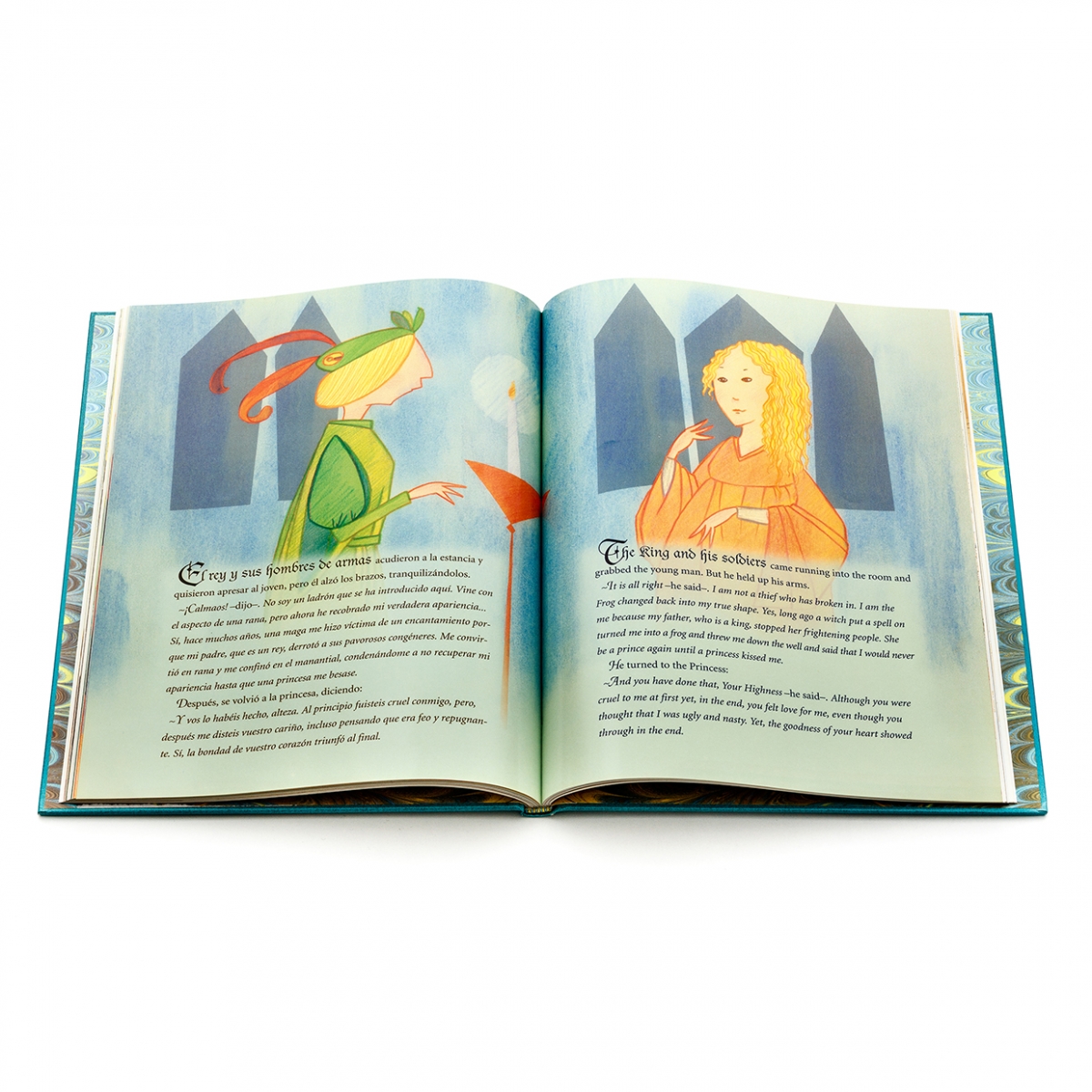 Imagen en la que se ve un cuento abierto por dos de sus páginas con ilustraciones en la parte superior de ambas