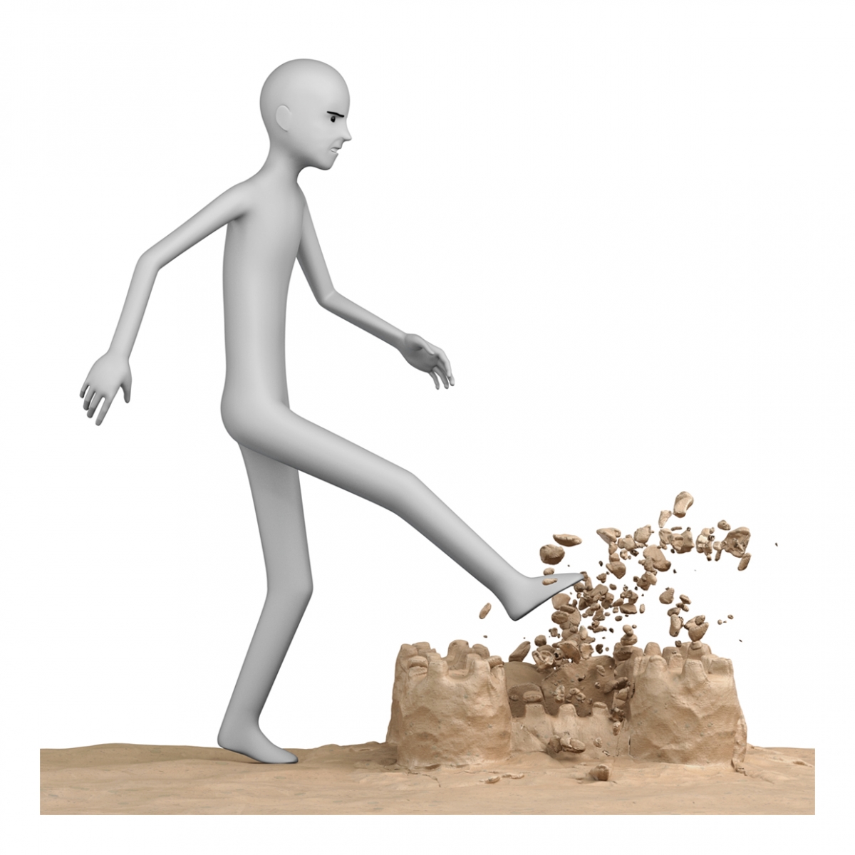 Imagen en la que sale una persona destrozando un castillo de arena de una patada
