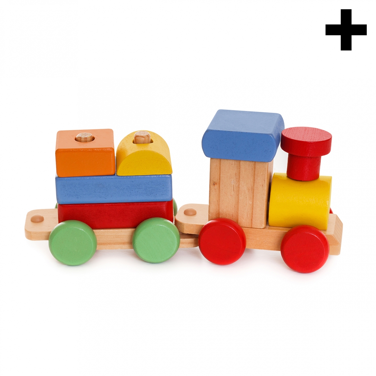 Imagen en la que se ve un tren de juguete compuesto por bloques de madera