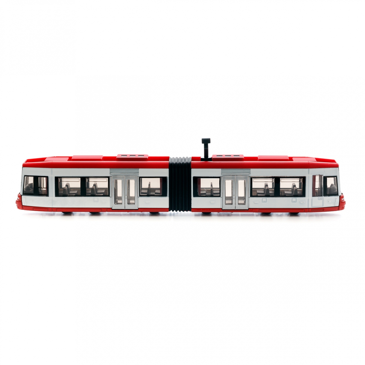 Imagen en la que se puede ver un tranvía con dos vagones en perspectiva lateral