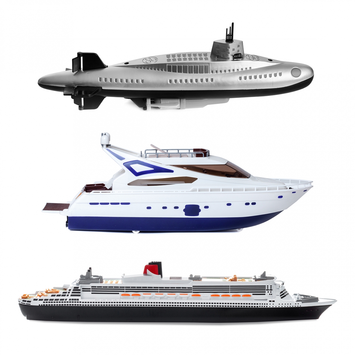 Imagen en la que se ven tres medios de transporte acuáticos: un submarino, un yate y un barco